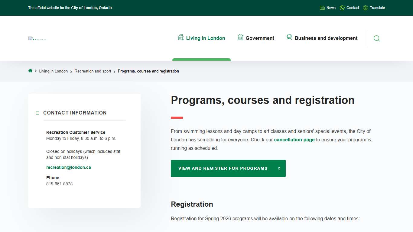 Programs, courses and registration | City of London